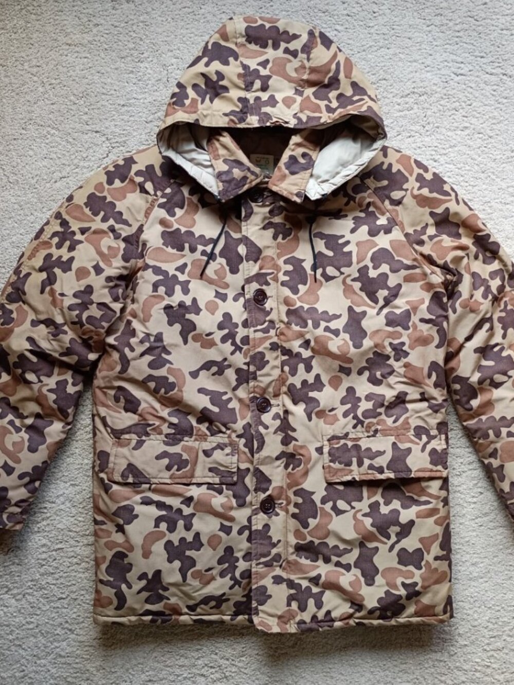 Vintage Orvis Parka Coat Men's S Jacket Brown Camo Down Insulated Hooded Hunting
